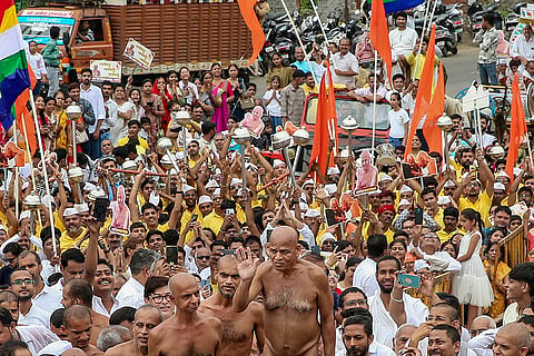 Jain seer Samaysagar Ji Maharaj and other Jain monks receive a traditional welcome ahead of the 'Chaturmas' observance, in Bhopal, Madhya Pradesh.