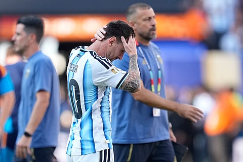 Argentina's Lionel Messi reacts at the end of the World Cup final soccer match between Spain and Argentina in East Rutherford, N.J., near New York, Sunday, July 19, 2026.