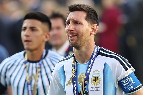 Argentina's Lionel Messi (10) reacts after losing to Spain in the World Cup final soccer match between Spain and Argentina in East Rutherford, N.J., near New York, Sunday, July 19, 2026. 