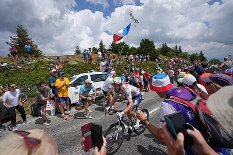 France's Joris Delbove rides during the fourteenth stage of the Tour de France cycling race, with start in Mulhouse and finish in Le Markstein Fellering, France.