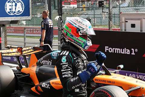 Mercedes driver Andrea Kimi Antonelli of Italy celebrates after clocking the fastest time during qualification ahead of the Formula One Grand Prix at the Spa-Francorchamps racetrack in Spa, Belgium.