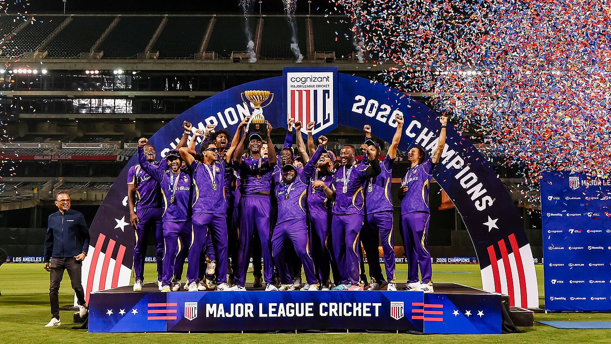 Los Angeles Knight Riders players celebrate with the MLC 2026 championship trophy amid fireworks and confetti after their dramatic one-run victory over Washington Freedom at the Oakland Coliseum - X/MLCricket