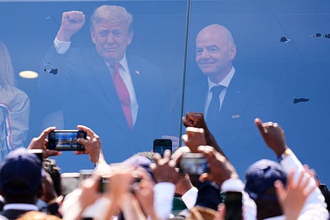 President Donald J. Trump stands with FIFA President Gianni Infantino before the World Cup final soccer match between Spain and Argentina in East Rutherford, N.J., near New York, Sunday, July 19, 2026.
