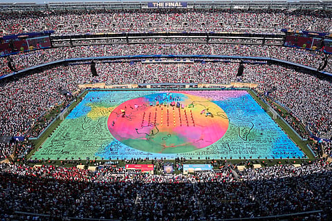 Dancers perform during the halftime shoow at the World Cup final soccer match between Spain and Argentina in East Rutherford, N.J., near New York, Sunday, July 19, 2026.