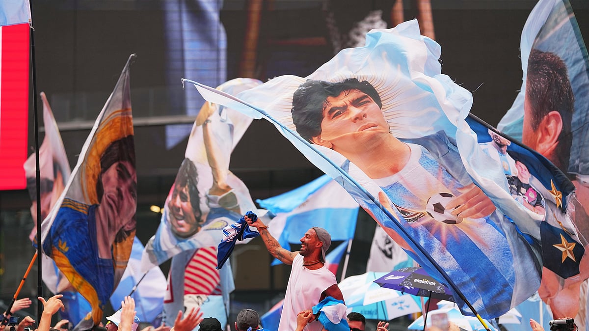 Argentina fans gather for a rally on the eve of the World Cup final soccer match in New York's Time Square, Saturday, July 18, 2026. -  (AP Photo/Julio Cortez)