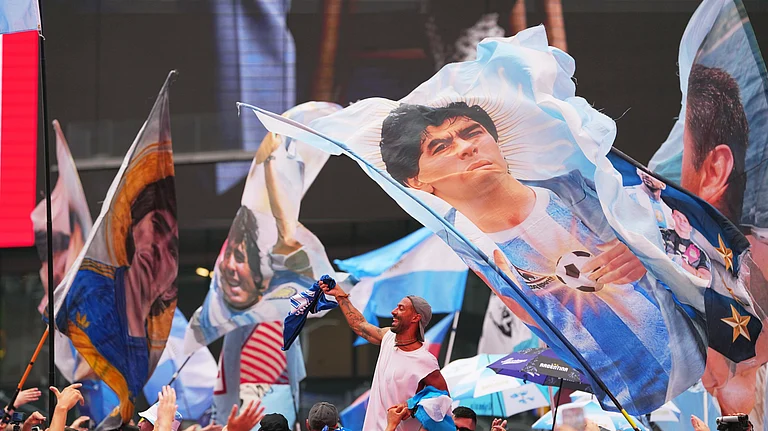 Argentina fans gather for a rally on the eve of the World Cup final soccer match in New York's Time Square, Saturday, July 18, 2026. - (AP Photo/Julio Cortez)