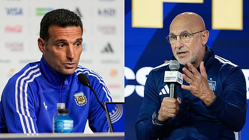 AP : Spain head coach Luis de la Fuente (left) and Argentina head coach Lionel Scaloni (right) address the media ahead of the FIFA World Cup 2026 final in New York, highlighting the tactical duel between the two managers before the title clash