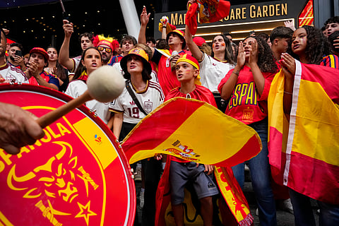 Spain fans gather for a rally on the eve of the World Cup final soccer match in New York's Times Square, Saturday, July 18, 2026