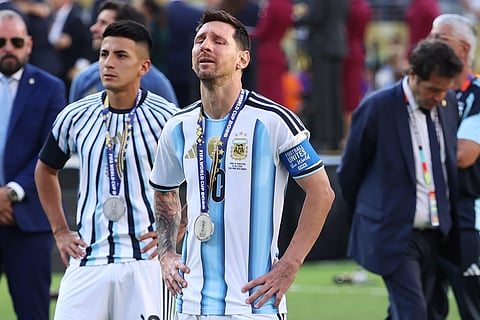 Argentina's Lionel Messi (10) reacts after losing to Spain in the World Cup final soccer match between Spain and Argentina in East Rutherford, N.J., near New York, Sunday, July 19, 2026.