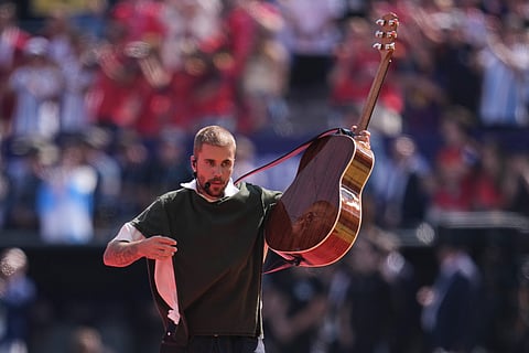 Justin Bieber performs at halftime during the World Cup final soccer match between Spain and Argentina in East Rutherford, N.J., near New York, Sunday, July 19, 2026.