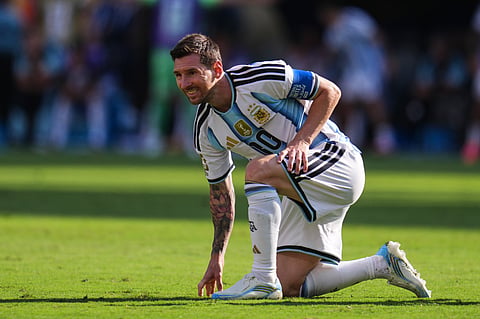 Argentina's Lionel Messi (10) reacts after heading the ball during the World Cup final soccer match between Spain and Argentina in East Rutherford, N.J., near New York, Sunday, July 19, 2026.