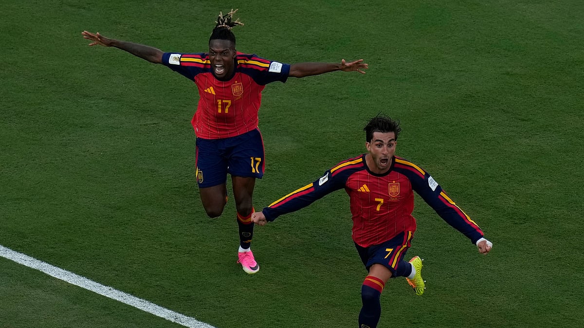Spain's Ferran Torres (7) celebrates after scoring the opening goal of his team during the World Cup final soccer match between Spain and Argentina in East Rutherford, N.J., near New York, Sunday, July 19, 2026.  - (AP Photo/Seth Wenig)