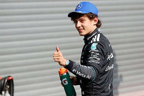 Mercedes driver Andrea Kimi Antonelli of Italy gives the thumbs up after clocking the fastest time during the qualifying session ahead of the Formula One Grand Prix at the Spa-Francorchamps racetrack in Spa, Belgium.