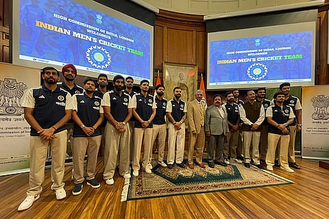 Indian High Commissioner to the UK P. Kumaran poses for photographs with members of the Indian men's cricket team at India House, in London, United Kingdom, Saturday, July 18, 2026. ()(PTI07_19_2026_000110B)