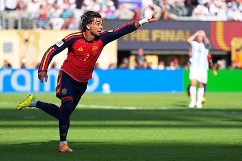 Spain's Ferran Torres (7) celebrates scoring their first goal during the World Cup final soccer match between Spain and Argentina in East Rutherford, N.J., near New York, Sunday, July 19, 2026. 