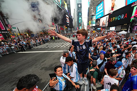 Argentina fans gather for a rally on the eve of the World Cup final soccer match in New York's Time Square, Saturday, July 18, 2026.