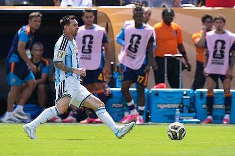 Argentina's Lionel Messi (10) runs with the ball during the World Cup final soccer match between Spain and Argentina in East Rutherford, N.J., near New York, Sunday, July 19, 2026.