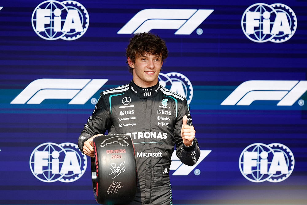 Mercedes driver Andrea Kimi Antonelli of Italy celebrates on the podium after clocking the fastest time during the qualifying session ahead of the Formula One Grand Prix at the Spa-Francorchamps racetrack in Spa, Belgium. - | Photo: AP/Geert Vanden Wijngaert