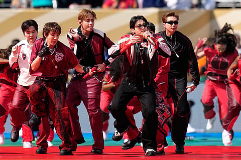 South Korean boy band BTS perform during the halftime show of the World Cup final soccer match between Spain and Argentina in East Rutherford, N.J., near New York, Sunday, July 19, 2026.