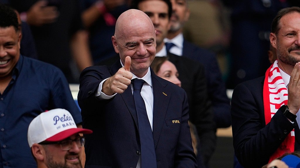 FIFA President Gianni Infantino attends the World Cup quarterfinal soccer match between Norway and England in Miami Gardens, Fla., Saturday, July 11, 2026. - AP Photo/George Walker IV