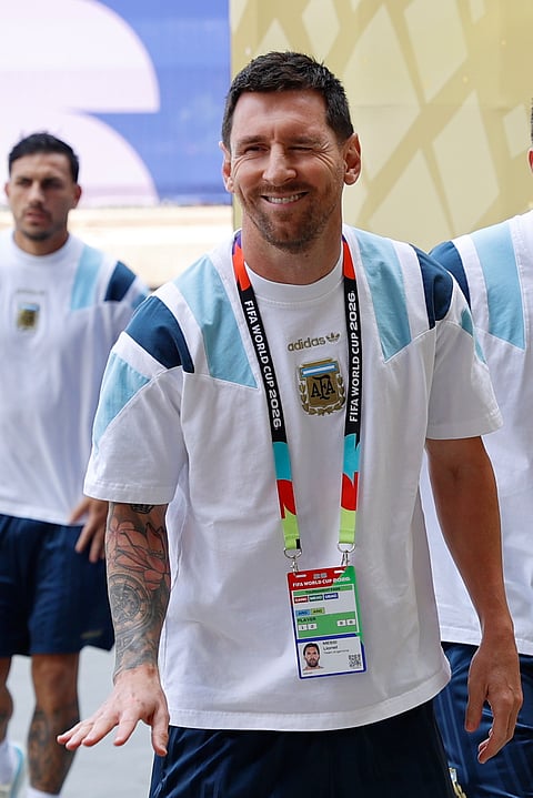 Argentina's Lionel Messi arrives for the World Cup final soccer match between Spain and Argentina in East Rutherford, N.J., near New York, Sunday, July 19, 2026.