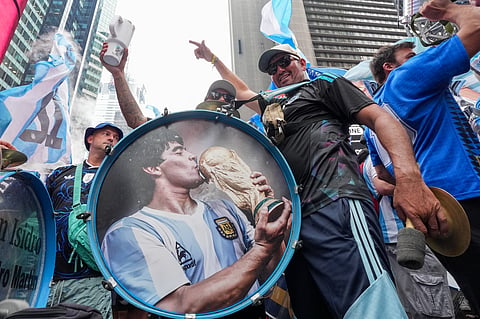 Argentina fans gather for a rally on the eve of the World Cup final soccer match in New York's Times Square, Saturday, July 18, 2026
