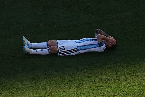 Argentina's Lionel Messi (10) reacts during the World Cup final soccer match between Spain and Argentina in East Rutherford, N.J., near New York, Sunday, July 19, 2026.