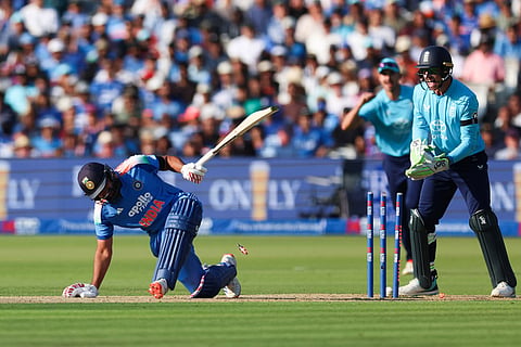 India's Rohit Sharma is bowled by England's Jacob Bethell during the third ODI between England and India, at Lord's cricket ground, London.