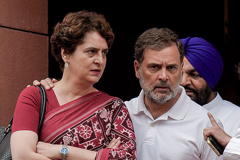Leader of the Opposition in the Lok Sabha Rahul Gandhi, right, with Congress MP Priyanka Gandhi Vadra during the Monsoon session of Parliament, in New Delhi.