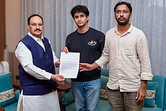 In this image posted on July 20, 2026, Union Minister JP Nadda, left, meets Cockroach Janta Party (CJP) spokespersons Saurav Das and Ashutosh Ranka amid an ongoing protest by CJP over the alleged NEET paper leak, in New Delhi. - Photo: @SauravDassss/X via PTI