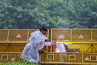 | Photo: PTI/Karma Bhutia : A worker carries out welding work on a barricade ahead of the Cockroach Janata Party's (CJP) protest march, at the Jantar Mantar, in New Delhi, early Monday, July 20, 2026. 