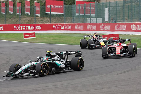 Mercedes driver Andrea Kimi Antonelli of Italy, left, followed by Ferrari driver Charles Leclerc of Monaco steer their cars during the Formula One Grand Prix at the Spa-Francorchamps racetrack in Spa, Belgium.