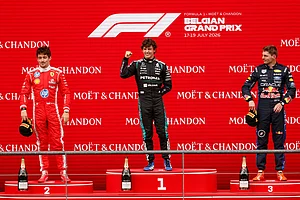 | Photo: AP/Geert Vanden Wijngaert : Mercedes driver Andrea Kimi Antonelli of Italy, center, stands on the podium with Ferrari driver Charles Leclerc of Monaco, left, and third place Red Bull driver Max Verstappen of the Netherlands, after winning the Formula One Grand Prix at the Spa-Francorchamps racetrack in Spa, Belgium.