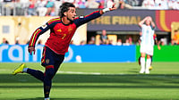 (AP Photo/Julio Cortez) : Spain's Ferran Torres (7) celebrates scoring their first goal during the World Cup final soccer match between Spain and Argentina in East Rutherford, N.J., near New York, Sunday, July 19, 2026. 