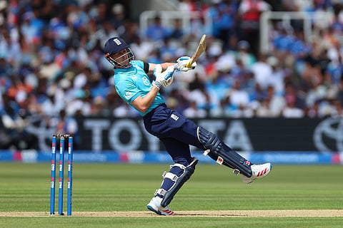 England's Harry Brook dodges a high ball during the third ODI between England and India, at Lord's cricket ground, London.