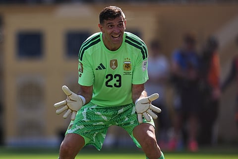 Argentina goalkeeper Emiliano Martinez (23) reacts during the World Cup final soccer match between Spain and Argentina in East Rutherford, N.J., near New York, Sunday, July 19, 2026