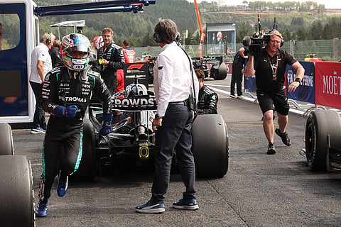 Mercedes driver Andrea Kimi Antonelli of Italy, left, celebrates after winning the Formula One Grand Prix at the Spa-Francorchamps racetrack in Spa, Belgium.
