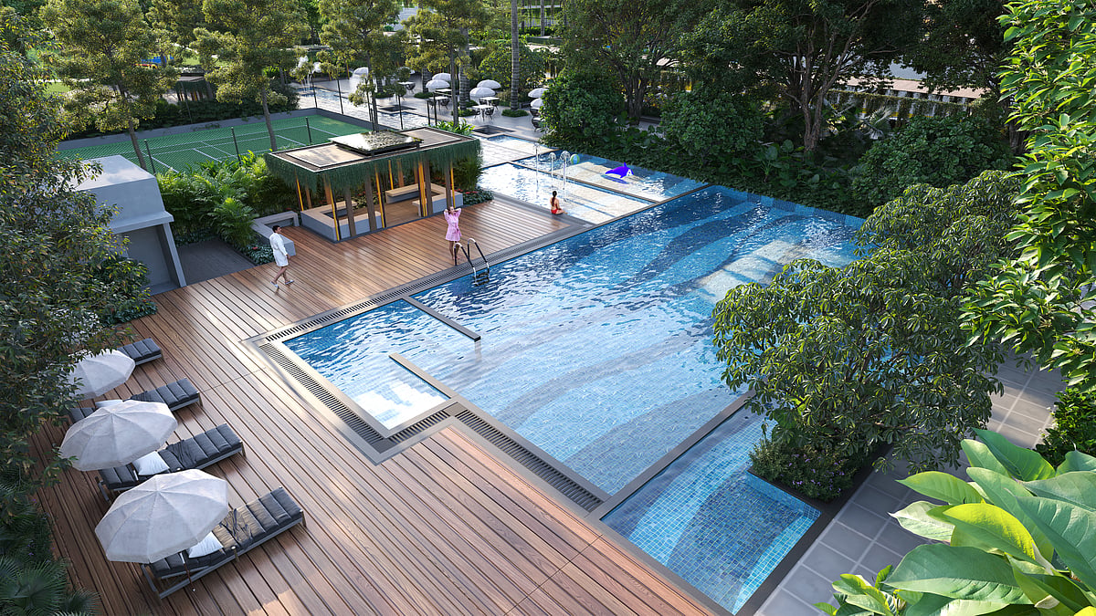 Aerial view of a luxury resort swimming pool with a wooden deck