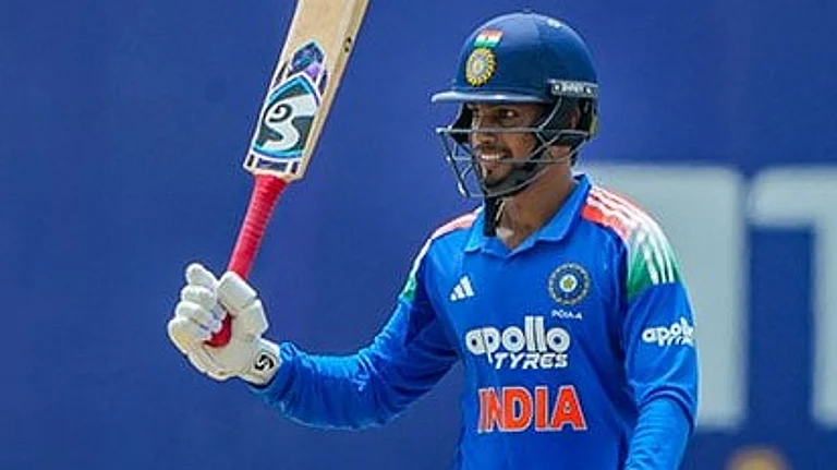 In this image received on June 17, 2026, India's Kumar Kushagra celebrates his half century during the fifth match between India A and Afghanistan A in the Tri-Nation A Series, in Dambulla, Sri Lanka. - | Photo: SLC via PTI