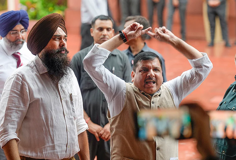 AAP MP Sanjay Singh stage a protest Monsoon session of Parliament