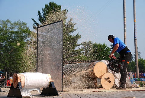Marcel Dupuis, of Canada, competes in the hot saw competition during the Lumberjack World Championships, Saturday, July 18, 2026, in Hayward, Wisconsin. 
