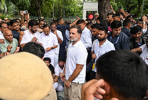 Leader of Opposition in the Lok Sabha Rahul Gandhi with Kerala Chief Minister VD Satheesan and others stage a sit-in protest near the Prime Minister's residence over alleged irregularities in the NEET examination, in New Delhi, Tuesday, July 21, 2026.