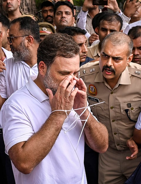 Leader of Opposition in the Lok Sabha Rahul Gandhi, and others, stage a sit-in protest near the Prime Minister's residence over alleged irregularities in the NEET examination, in New Delhi, Tuesday, July 21, 2026. 