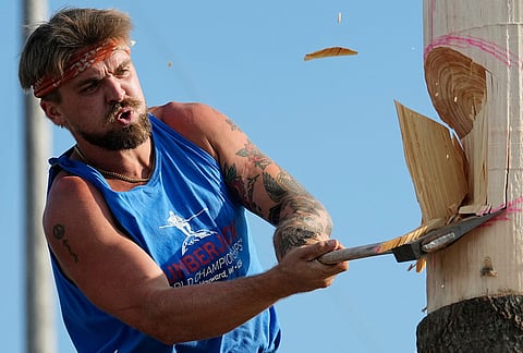 Tristan Vanbeek, of Tennessee, competes in the springboard chop event during the Lumberjack World Championships Friday, July 17, 2026, in Hayward, Wisconsin. 
