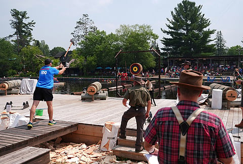 Gavin Thompson, of Ireland, competes in the axe throwing competition during the Lumberjack World Championships, Saturday, July 18, 2026, in Hayward, Wisconsin.