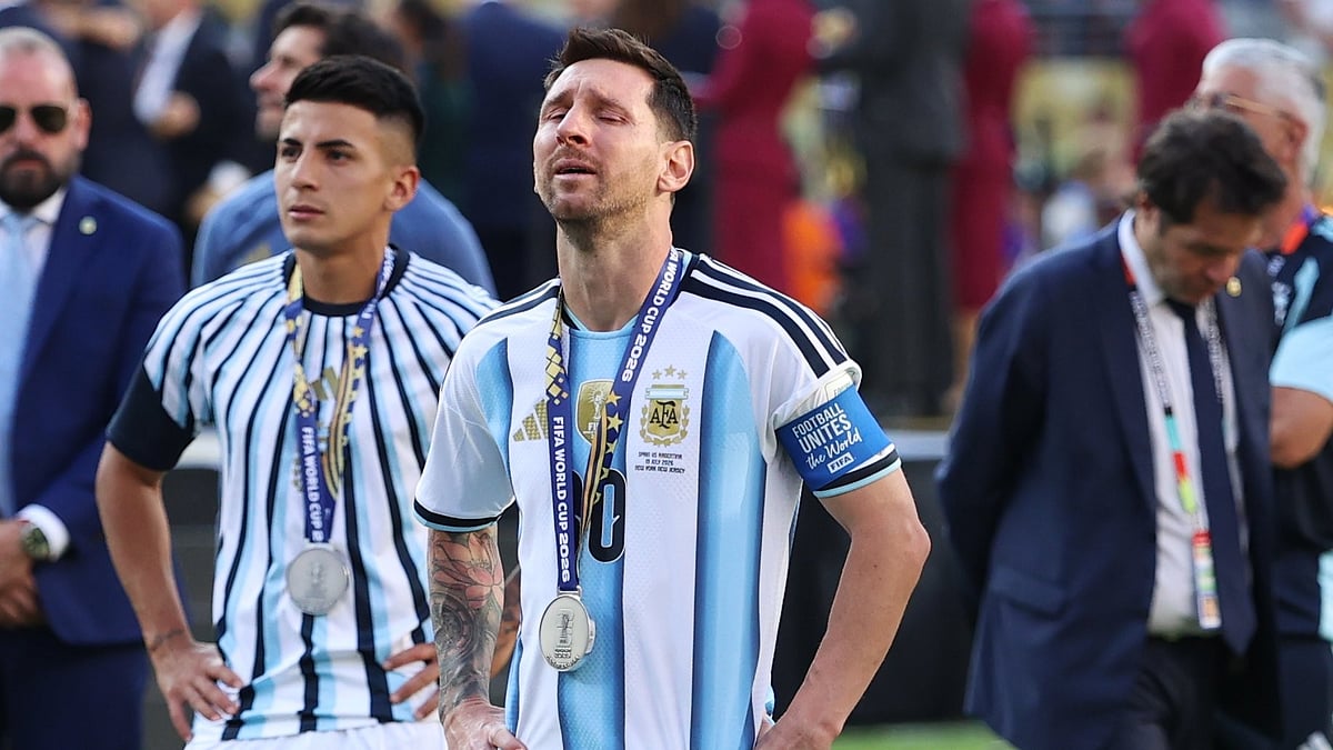 Argentina's Lionel Messi (10) reacts after losing to Spain in the World Cup final soccer match between Spain and Argentina in East Rutherford, N.J., near New York, Sunday, July 19, 2026. - (AP Photo/Pamela Smith)