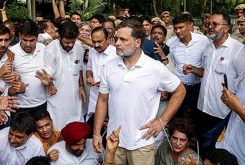 Leader of Opposition in the Lok Sabha Rahul Gandhi with Congress MPs Priyanka Gandhi Vadra, Hibi Eden, and others stage a sit-in protest near the Prime Minister's residence over alleged irregularities in the NEET examination, in New Delhi, Tuesday, July 21, 2026. 