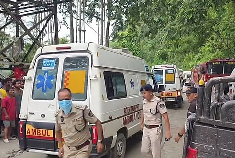 Police personnel at site as rescue operation is underway after 27 workers were trapped in an under construction tunnel after a landslide, in Gangtok, Sikkim, Tuesday, July 21, 2026. 