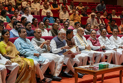 Prime Minister Narendra Modi, Defense Minister Rajnath Singh, Union Home Minister Amit Shah, Union Ministers Nitin Gadkari and JP Nadda and others during the 'Mangal Milan' meeting at GMC Balayogi Auditorium in the Parliament Library Building, in New Delhi.