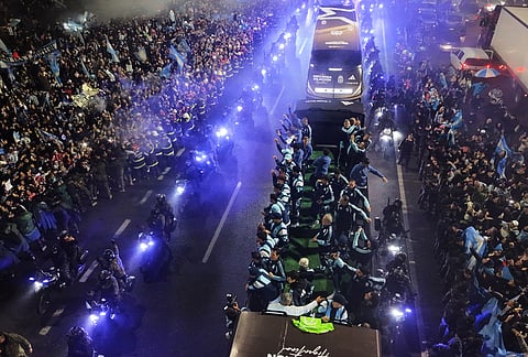 The bus transporting Argentina's team arrives in Ezeiza, Argentina, Monday, July 20, 2026, after Argentina lost to Spain in the World Cup final. 